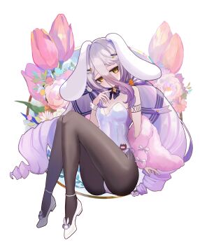 1girl absurdres animal_ears black_pantyhose breasts cleavage closed_mouth coat fur-trimmed_coat fur_trim gradient_hair grey_hair hair_between_eyes hair_ornament hairpin henya_the_genius henya_the_genius_(bunniversary) highres leotard long_bangs looking_at_viewer miei multicolored_hair pantyhose pink_coat playboy_bunny purple_hair rabbit_ears rabbit_girl shoes shoulder_tattoo small_breasts smile solo strapless strapless_leotard tattoo virtual_youtuber vshojo white_leotard white_shoes white_wrist_cuffs wrist_cuffs yellow_eyes