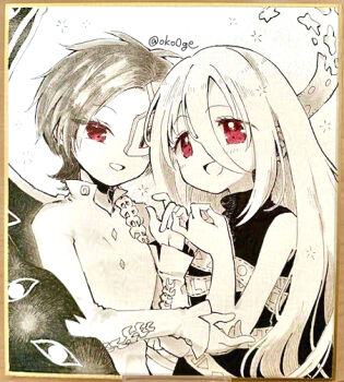 Rule 34 | 2girls, biyon, commentary request, dress, eye print, hair between eyes, half mask, iwanaga ariya, long hair, long hair between eyes, long sleeves, mask, mask over one eye, monochrome, multiple girls, open mouth, red eyes, ribbon around body, shirt, short hair, skeletal clothes, sleeveless, sleeveless dress, smile, spot color, touhou, turtleneck, turtleneck dress, wings, yuiman asama, yuri