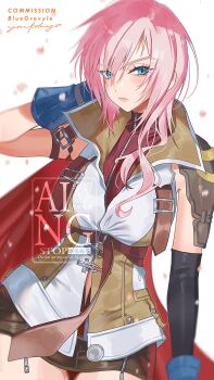 Rule 34 | 1girl, absurdres, aqua eyes, arm behind head, armband, artist name, black gloves, blue gloves, blush, breasts, brown armband, brown sweater, cape, closed mouth, commentary, commission, cowboy shot, dark skin, elbow gloves, english commentary, eyes visible through hair, falling petals, final fantasy, final fantasy xiii, gloves, hair between eyes, highres, lightning farron, long hair, medium breasts, miniskirt, petals, pink hair, pink petals, red cape, signature, single elbow glove, single shoulder pad, skirt, sleeveless, sleeveless turtleneck, solo, sweater, turtleneck, veil, wavy hair, white background, white veil, yasaikakiage