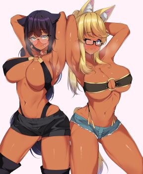 2girls :3 absurdres animal_ears armpits arms_behind_head arms_up bandeau black-framed_eyewear black_footwear black_hair black_shorts blonde_hair blue_eyes blue_shorts blush boots braid breasts brown_eyes cleavage closed_mouth collarbone commission commissioner_upload dark-skinned_female dark_skin denim denim_shorts diamond_earrings earrings facial_mark fang fang_out glasses gluteal_fold hair_flaps halterneck highres jahy jahy-sama_wa_kujikenai! jewelry kshimu large_breasts liru long_hair looking_at_viewer multiple_girls navel o-ring o-ring_top one_eye_closed ponytail rectangular_eyewear renkin_san-kyuu_magical_pokaan round_eyewear semi-rimless_eyewear short_shorts shorts simple_background single_braid skeb_commission smile swept_bangs tail thigh_boots thighhighs thong tongue tongue_out under-rim_eyewear wolf_ears wolf_girl wolf_tail