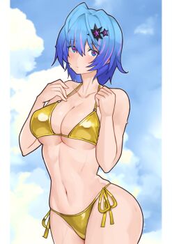 1girl absurdres bare_shoulders bikini blue_eyes blue_hair border breasts collarbone commentary_request commission cowboy_shot gold_bikini highres medium_breasts multicolored_hair navel original pink_hair short_hair side-tie_bikini_bottom skeb_commission solo streaked_hair swimsuit two-tone_hair white_border yotsuha_uni