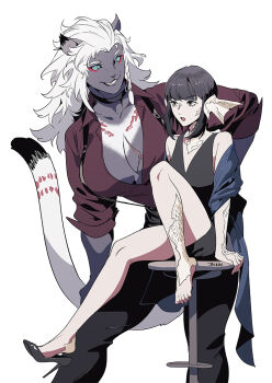 2girls au_ra bare_legs black_hair breasts byuub dress feet final_fantasy final_fantasy_xiv furry furry_female grey_fur horns hrothgar multiple_girls on_stool open_clothes open_shirt scar scar_on_breasts shawl shoe_dangle shoes simple_background single_shoe sitting smile stool suspenders warrior_of_light_(ff14) white_hair white_scales