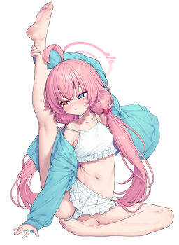 1girl @_@ ahoge bikini blue_archive blue_eyes blue_jacket breasts frilled_bikini frills halo heterochromia highres hoshino_(blue_archive) hoshino_(swimsuit)_(blue_archive) jacket leg_up loli long_hair metaljelly midriff navel open_clothes open_jacket orange_eyes panties pantyshot pink_hair pink_halo pleated_skirt single_off_shoulder sitting skirt small_breasts stretching swimsuit twintails underwear white_background white_bikini