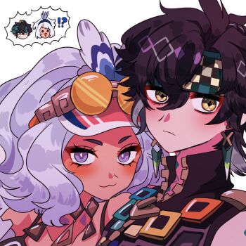 Rule 34 | !?, 1boy, 1girl, :3, bare shoulders, black hair, black shirt, cocotsuko1204, dark skin, genshin impact, grey hair, headband, highres, kinich (genshin impact), looking at viewer, mualani (genshin impact), portrait, purple eyes, shirt, short hair, smile, white background, yellow eyes