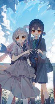 2girls :d absurdres alternate_costume alternate_hair_length alternate_hairstyle ap04astral bag bare_arms belt black_coat black_shorts black_socks blue_bow blue_hair blue_sky bow braid brown_belt brown_hair cloud coat commentary day double-parted_bangs dress grass grey_hair hair_bow heart heart_hands heart_hands_duo highres hozuki_momiji layered_sleeves light_blush long_hair long_sidelocks long_sleeves looking_at_viewer multicolored_hair multiple_girls onii-chan_wa_oshimai! open_clothes open_coat open_mouth orange_eyes outdoors oyama_mahiro pantyhose pink_hair ponytail railing sash short_hair_with_long_locks short_over_long_sleeves short_ponytail short_sleeves shorts sidelocks sky smile socks twin_braids two-tone_hair white_dress white_pantyhose