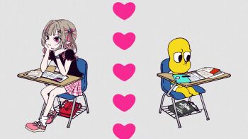 1boy 1girl desk grey_hair heart highres komazaki_tomomi makaino_ririmu mode_aim multicolored_hair nijisanji official_art peanuts-kun pink_eyes pink_hair pointy_ears school_desk shoes sitting skirt sneakers two-tone_hair