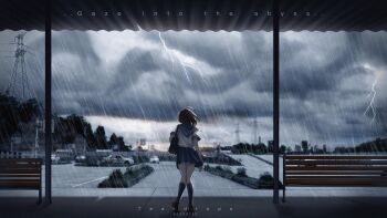 1girl absurdres artist_name bag bench black_bag black_socks blue_sailor_collar blue_skirt bus_stop car cloud cloudy_sky commentary_request dated dragon eastern_dragon english_text from_behind hand_up highres knees_together_feet_apart lightning looking_ahead motor_vehicle original outdoors pleated_skirt power_lines rain road sailor_collar school_uniform shirt short_sleeves shoulder_bag shoulder_strap skirt sky socks solo standing teardrops_(user_vgvd7733) tree utility_pole white_shirt wide_shot wooden_bench