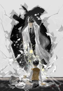 2boys absurdres black_eyes black_hair black_shorts black_vest book book_stack coat collared_shirt dual_persona falling_paper film_reel full_body gloves highres kim_dokja lantercat looking_at_another male_focus multiple_boys offering_hand oldest_dream omniscient_reader&#039;s_viewpoint open_clothes open_coat paper popped_collar reaching reaching_towards_another seiza serious shirt short_hair shorts sitting sky sparkle star_(sky) starry_sky symbolism too_many_papers torn_paper vest white_coat white_gloves white_shirt yellow_vest