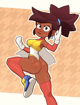 1girl andy_smith ass ass_freckles black_eyes blue_shoes body_freckles breasts brown_background brown_hair cape cartoon_network dark_skin earrings fighting_stance freckles freckles_on_thighs from_behind gloves hair_bun highres houndstooth invincible_fight_girl jewelry leotard looking_at_viewer looking_back medium_breasts raised_eyebrow red_thighhighs rukisan(pixiv) shoes smile standing standing_on_one_leg star_(symbol) star_earrings thick_thighs thighhighs thighs white_cape white_gloves wrestling_outfit yellow_leotard