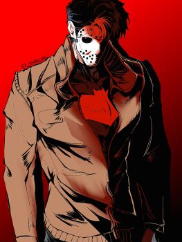 1boy bat_signal batman_(series) batman_symbol bodysuit brown_jacket cosplay dc_comics e2_yhxloki grey_bodysuit halloween halloween_costume highres hockey_mask jacket jason_todd jason_voorhees jason_voorhees_(cosplay) male_focus mask mask_on_head multicolored_bodysuit muscular muscular_male red_hood_(dc) red_hood_and_the_outlaws solo taut_bodysuit two-tone_bodysuit