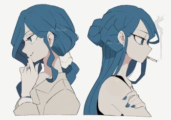 2girls blue_eyes blue_hair braid cigarette closed_mouth commentary_request cropped_torso from_side hair_bun hand_on_own_chin hand_up jacket jewelry kiirono limited_palette long_hair low_ponytail multiple_girls nail_polish parted_lips ponytail profile rina_(toshi_densetsu_kaitai_center) ring shimizu_eiko simple_background single_hair_bun smoke smoking toshi_densetsu_kaitai_center upper_body white_background