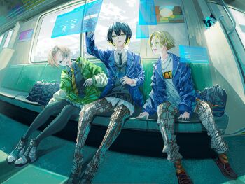 bag black_hair blonde_hair chooco_(chocoshi) cloud cloudy_sky countdown_illustration hatsuse_noa highres jacket kodaki_sota letterman_jacket multicolored_hair official_art protagonist_(varlet) school_bag school_uniform screen second-party_source sitting skirt sky train_interior two-tone_hair varlet window yellow_eyes