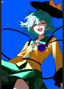 1girl ^_^ black_hat blue_background closed_eyes collar floral_print floral_print_skirt frilled_collar frills green_hair green_skirt hat highres komeiji_koishi open_mouth print_skirt rose_print shirt short_hair skirt smile solo touhou yaoimani yellow_shirt