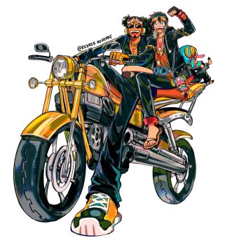 Rule 34 | 3boys, antlers, arm up, black hair, black jacket, chain, chinese commentary, clenched hand, facial hair, full body, goatee, goggles, goggles on head, headphones, highres, horns, jacket, ki2ri5, long nose, looking at viewer, male focus, monkey d. luffy, motor vehicle, motorcycle, multiple boys, on motorcycle, one piece, reindeer antlers, sandals, short hair, simple background, sitting, tony tony chopper, twitter username, usopp, white background