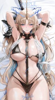 1girl absurdres arms_behind_head arms_up bikini black_bikini black_panties blonde_hair blue_eyes blue_hair blush breasts closed_mouth colored_inner_hair commentary corrupted_twitter_file crown_of_thorns embarrassed fleurdelys_(wuthering_waves) gluteal_fold highres horns huge_breasts long_hair long_horns looking_at_viewer multi-strapped_bikini_bottom multicolored_hair panties parted_bangs sample_watermark signature single_horn solo stomach strap_slip sweat swimsuit symbol-only_commentary tacet_mark_(wuthering_waves) thighs twitter_username underwear very_long_hair watermark wuthering_waves yellow_horns yujin_(sexyjjuggumi)