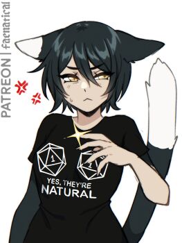 1girl :< anger_vein animal_ears black_hair black_shirt breasts cat_ears cat_girl cat_tail closed_mouth d20_(die) dice dungeon_meshi faenatical fingernails glint hair_between_eyes highres izutsumi long_fingernails polyhedral_dice print_shirt sharp_fingernails shirt short_hair simple_background slit_pupils small_breasts solo sweatdrop tail text_print white_background yellow_eyes