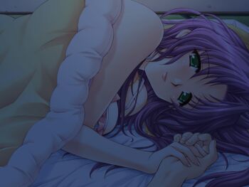 1girl ahoge aoi_sakura_(tsuma_shibori) blanket breasts dress futon game_cg green_eyes holding_hands kuroda_akimi large_breasts long_hair looking_at_viewer lying night non-web_source official_art purple_hair sleeveless sleeveless_dress tsuma_shibori tsumamigui_(series)