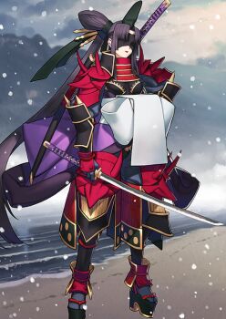 1girl arm_at_side armor azamaru_(fate) back_bow beach black_armor black_hat black_ribbon blindfold boobplate bow breastplate breasts covered_eyes curtained_hair fate/grand_order fate_(series) full_body game_cg gloves grey_gloves grey_socks hair_bun hair_ribbon hand_on_own_hip hat high_side_ponytail holding holding_sword holding_weapon japanese_armor japanese_clothes katana kote kurokote kusazuri long_hair manaita_obi medium_breasts neck_armor obi official_art okobo overcast platform_sandals purple_hair purple_lips red_armor ribbon sakamoto_mineji sandals sash sheath sheathed shoulder_armor sidelocks single_side_bun sky snowing socks sode solo standing suneate sword tabi taira_no_kagekiyo_(fate) taira_no_kagekiyo_(second_ascension)_(fate) tate_eboshi third-party_source unsheathed ushiwakamaru_(fate) variant_set very_long_hair weapon white_sash