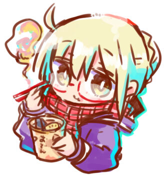 Rule 34 | 1girl, :t, artoria pendragon (fate), blonde hair, braid, brown eyes, chibi, chopsticks, closed mouth, commentary request, cropped torso, cup, disposable cup, eating, fate/grand order, fate (series), glasses, hair between eyes, hair bun, holding, holding chopsticks, holding cup, hood, hood down, hooded jacket, jacket, kasuga yuuki, looking at viewer, mysterious heroine x alter (fate), plaid clothes, plaid scarf, purple jacket, red-framed eyewear, red scarf, scarf, semi-rimless eyewear, simple background, solo, steam, under-rim eyewear, upper body, white background