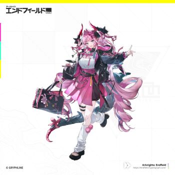 Rule 34 | 1girl, alternate costume, arknights, arknights: endfield, bag, black coat, black horns, blue eyes, breasts, coat, copyright logo, copyright notice, dragon girl, dragon horns, dragon tail, drill hair, full body, hair intakes, hair on horn, highres, horns, large breasts, logo, long hair, looking at viewer, mokuroh, multicolored hair, multicolored horns, official art, open clothes, open coat, open mouth, pink hair, pink horns, pink skirt, pointy ears, shoulder bag, skirt, solo, standing, standing on one leg, streaked hair, tail, thigh strap, twin drills, two-tone horns, yvonne (arknights)