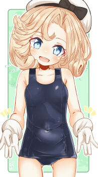 1girl blonde_hair blue_eyes blue_one-piece_swimsuit blush breasts collarbone covered_navel cowboy_shot gloves gluteal_fold green_background hat highres janus_(kancolle) kantai_collection looking_at_viewer mf_u_c one-piece_swimsuit open_mouth sailor_hat school_swimsuit short_hair smile solo swimsuit white_background white_gloves white_hat