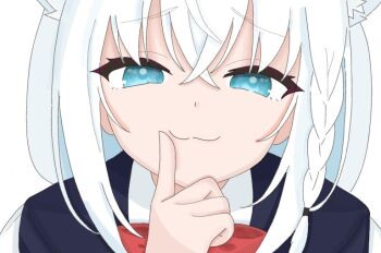 1girl :3 animal_ear_fluff animal_ears braid commentary_request fox_ears fox_girl hair_between_eyes hololive le6_leo long_hair looking_at_viewer shirakami_fubuki shirt sidelocks simple_background single_braid solo virtual_youtuber white_background white_hair white_shirt