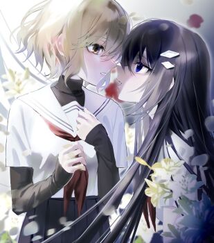 2girls black_hair black_skirt blue_eyes brown_eyes brown_hair commentary eye_contact falling_petals flower gyachomu hashtag-only_commentary layered_sleeves lily_(flower) long_hair long_sleeves looking_at_another multiple_girls neckerchief oumi_shiori parted_lips petals pleated_skirt red_neckerchief sailor_collar shirt short_over_long_sleeves short_sleeves skirt undershirt watashi_wo_tabetai_hitodenashi white_flower white_sailor_collar white_shirt yaotose_hinako yuri