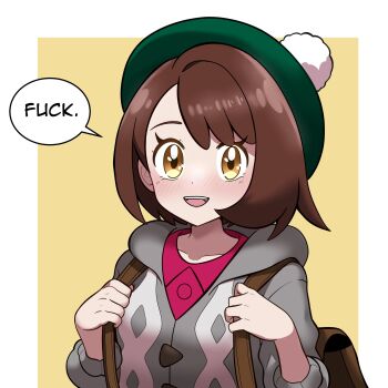 Rule 34 | 1girl, :d, absurdres, backpack, bag, blush, brown bag, brown eyes, brown hair, cardigan, commentary, english text, gloria (pokemon), green hat, grey cardigan, hat, highres, holding strap, hood, hooded cardigan, looking at viewer, muis0802, nintendo, open mouth, pokemon, pokemon swsh, profanity, red shirt, shirt, short hair, simple background, smile, solo, speech bubble, symbol-only commentary, tam o' shanter, upper body, variant set, yellow background