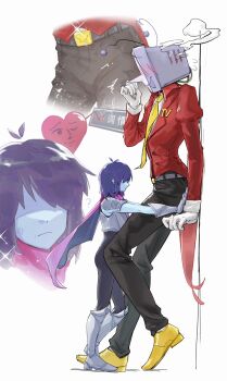 1boy 1other anger_vein ant_tenna armor baiorinn_ftrd black_pants blue_hair blue_skin blush boots cape colored_skin crt deltarune flying_sweatdrops frown gloves highres kabedon kris_(dark_world)_(deltarune) kris_(deltarune) necktie object_head other_with_male pants pink_cape radio_antenna shoes size_difference smile soul_(deltarune) standing tailcoat utdr_(toby_fox) yellow_necktie yellow_shoes