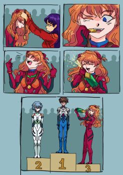 1boy 3girls absurdres alcohol arms_at_sides artist_request ayanami_rei biting black_hair blue_eyes blue_hair bodysuit bottle breasts bronze_medal_(meme) brown_hair celebration champagne_bottle closed_eyes crowd drinking expressionless full_body happy highres holding holding_bottle ikari_shinji interface_headset_(evangelion) jacket jitome katsuragi_misato long_hair looking_at_another looking_to_the_side mecha_pilot_suit medal medium_breasts meme middle_finger multiple_girls multiple_others neon_genesis_evangelion one_eye_closed open_mouth plugsuit_(evangelion) purple_hair red_bodysuit red_eyes red_hair red_jacket shiny_clothes short_hair simple_background skin_tight small_breasts smile souryuu_asuka_langley standing straight-on teeth triangle_mouth two_side_up upper_teeth_only what white_bodysuit