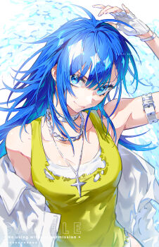 Rule 34 | 1girl, anchun (quail0503), arm over head, armband, armpits, artist name, blue eyes, blue hair, bracelet, breasts, choker, cleavage, collarbone, commentary, fingerless gloves, gloves, highres, jewelry, layered shirt, long hair, looking at viewer, medalist (manga), necklace, off shoulder, okazaki iruka, shirt, sidelocks, sleeveless, sleeveless shirt, smile, solo, symbol-only commentary, tank top, upper body, white gloves, white shirt, white tank top, yellow tank top