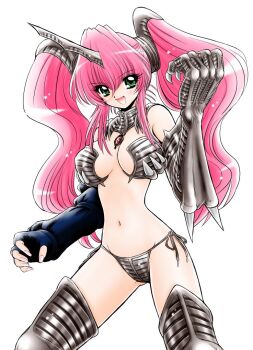Rule 34 | 1girl, armor, bikini, bikini armor, black armor, black bikini, black gloves, breasts, claws, cleavage, commentary request, cowboy shot, elbow gloves, fingerless gloves, gauntlets, gem, gloves, green eyes, horns, jigoku sensei nube, large breasts, minki (jigoku sensei nube), navel, official artist extra, okano takeshi, open mouth, pink hair, red gemstone, side-tie bikini bottom, simple background, single gauntlet, single glove, single horn, smile, solo, standing, swimsuit, twintails, white background
