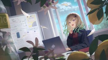 1girl blonde_hair blue_sky cloud commentary_request computer flower food fruit green_hair hair_ornament highres laptop lemon multicolored_hair official_art open_mouth plastic_bottle purple_eyes sitting sky solo tokaki window