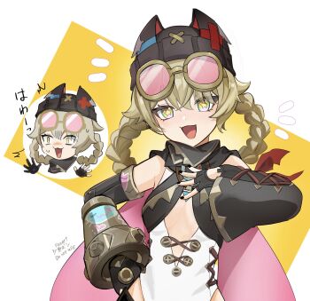 1girl :d black_cape black_gloves black_hat black_nails black_sleeves blonde_hair blush braid braided_hair_rings cape chibi commentary_request cross-laced_clothes cross-laced_sleeves crossed_bangs detached_sleeves eyelashes fingerless_gloves fingernails genshin_impact gloves goggles goggles_on_head hair_between_eyes hair_rings hand_on_own_hip hand_up hat highres jahoda_(genshin_impact) long_sleeves looking_at_viewer mechanical_arms nail_polish notice_lines okkobc open_mouth pink-tinted_eyewear pink_cape single_detached_sleeve single_glove single_mechanical_arm smile solo star-shaped_pupils star_(symbol) sweat symbol-shaped_pupils tinted_eyewear turn_pale two-sided_cape two-sided_fabric upper_body watermark white_background wide-eyed yellow_eyes