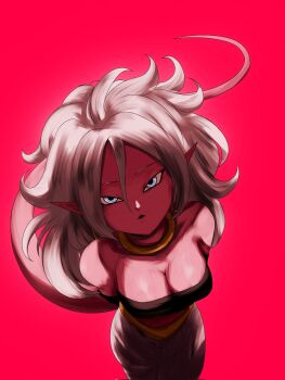 Rule 34 | 1girl, android 21, bare shoulders, blue eyes, breasts, cleavage, colored skin, dragon ball, dragon ball fighterz, female focus, harem pants, highres, ivyrandomart, large breasts, long hair, looking at viewer, majin android 21, pants, pink skin, pointy ears, simple background, solo, strapless, tail, tube top, white hair