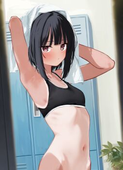 1girl absurdres armpits arms_up black_hair black_sports_bra blush bob_cut bob_cut_girl_(memekko) closed_mouth commentary_request drying drying_hair drying_own_hair highres locker looking_at_viewer memekko navel one-piece_tan original paid_reward_available red_eyes short_hair solo sports_bra tan tanline towel