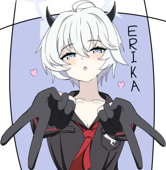 1girl :o absurdres black_gloves black_shirt blue_archive blue_eyes blue_halo blush character_name commentary_request demon_girl demon_horns double_v erika_(blue_archive) expressionless gehenna_academy_logo gloves hair_between_eyes halo hands_up heart highres horns looking_at_viewer necktie red_necktie shirt short_hair solo upper_body v white_hair xow