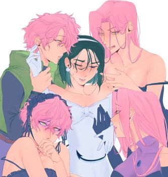 Rule 34 | 5girls, alien stage, bare shoulders, black gloves, black hair, black hairband, clone harem, collarbone, commentary, demon tail, dress, earrings, elbow gloves, english commentary, female focus, gloves, green vest, hairband, hand in another's hair, harem, highres, jewelry, licking lips, long hair, looking at another, mizi (alien stage), multiple girls, multiple persona, off-shoulder dress, off shoulder, one eye closed, pink hair, purple eyes, short hair, simple background, sua (alien stage), sweat, tail, tail around another's waist, tears, tongue, tongue out, vest, white background, white dress, white gloves, white hairband, yellow eyes, yrolustre, yuri