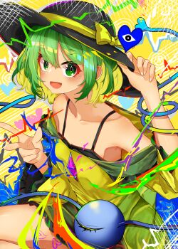 1girl amane_alice arm_up armpits black_bra black_hat blonde_hair bow bra breasts broken_heart collarbone commentary_request frilled_shirt frills green_hair green_shirt hand_on_headwear hat hat_bow heart highres koishi_day komeiji_koishi looking_at_viewer multicolored_hair off_shoulder open_mouth shirt signature small_breasts solo third_eye third_eye_closed touhou two-tone_hair two-tone_shirt underwear yellow_bow yellow_shirt