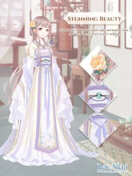 1girl artist_request blunt_bangs brown_eyes brown_hair carpet character_name chinese_clothes close-up closed_mouth copyright_logo curtains day diamond_(shape) dot_nose english_text eyelashes floral_print flower frilled_sleeves frills full_body gradient_hanfu hair_bun hair_flower hair_ornament hanfu indoors jade_(gemstone) lattice light_blush lipstick logo long_hair long_sidelocks long_sleeves looking_at_viewer makeup miracle_nikki nikki_(series) official_art painting_(object) peony_(flower) pink_lips print_tabard purple_sash purple_shawl purple_tabard sash shawl sidelocks single_side_bun sleeves_past_fingers sleeves_past_wrists smile solo standing stunning_beauty_(miracle_nikki) tabard table tareme teapot third-party_source very_long_hair waist_sash wavy_hair white_hanfu wide_sleeves window yellow_flower yellow_hanfu