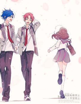 1girl 2boys aoi_tete bag black_pants blue_hair brown_hair collared_shirt dancing_star_precure grey_sailor_collar grey_skirt hand_on_own_head highres holding_another&#039;s_wrist hoshikawa_gaku kimi_to_idol_precure loafers long_sleeves looking_at_another multicolored_skirt multiple_boys natsume_hayato necktie open_mouth pants pink_hair pink_skirt precure red_necktie sailor_collar sakura_uta_(precure) school_bag school_uniform shirt shoes short_hair skirt sneakers white_shirt