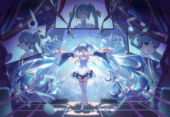 1girl absurdly_long_hair absurdres aqua_eyes aqua_hair black_skirt boots breasts buttons closed_eyes commentary_request detached_sleeves double-breasted dress full_body hair_between_eyes hair_ornament hatsune_miku highres intergalactic_bound_(vocaloid) long_hair long_sleeves looking_at_viewer medium_breasts monitor musical_note open_mouth outstretched_arms pleated_skirt purple_hair skirt smile strapless strapless_dress thigh_boots thighhighs twintails very_long_hair vest vocaloid white_boots z-bow zettai_ryouiki