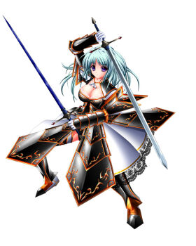 Rule 34 | 1girl, armor, armored dress, ascot, bad id, black armor, blue hair, breasts, cleavage, dress, dual wielding, faulds, full body, gloves, gold trim, greaves, holding, holding sword, holding weapon, large breasts, long hair, monster hunter (character), monster hunter (series), monster hunter frontier, purple eyes, shoulder armor, sima (yggdrasil), simple background, solo, sword, weapon, white ascot, white background, white gloves