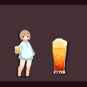1girl alcohol animated animated_gif aqua_sweater bare_legs barefoot beer beer_mug brown_background brown_eyes brown_hair cup drawstring glitch jumping long_sleeves looping_animation lowres mug original pixel_art short_hair simple_background solo sotie speech_bubble sweater
