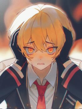 1boy black_gloves black_jacket black_sleeves black_suit blonde_hair buhuaixiaoguai collar collared_shirt commentary covering_own_ears crossed_bangs dress_shirt english_commentary formal_clothes gloves hair_between_eyes hands_up highres jacket lapels layered_sleeves limbus_company long_sleeves looking_at_viewer male_focus necktie open_clothes open_jacket portrait project_moon red_necktie red_trim shirt sinclair_(project_moon) solo straight-on suit suit_jacket tsurime white_collar white_shirt white_sleeves white_trim wing_collar yellow_eyes