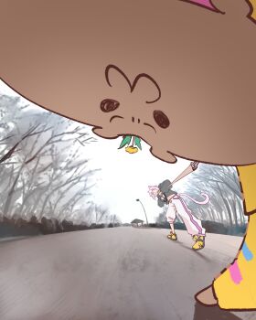 1girl :3 absurdres brown_fur cat_girl cat_tail chibi day fisheye flower flower_on_head from_below highres hololive hood hoodie hyde_(tabakko) inugami_korone inugami_korone_(1st_costume) inugami_korone_(dog) jacket lamppost leash leash_pull looking_at_viewer looking_down multiple_girls nekomata_okayu nekomata_okayu_(1st_costume) outdoors pants park pet pet_walking photo-referenced pulling purple_hair purple_tail shoes sky sneakers sweatpants tail tree virtual_youtuber walking yellow_jacket