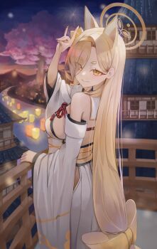 1girl absurdres animal_ears architecture bare_shoulders blonde_hair blue_archive bow breasts commentary_request detached_sleeves east_asian_architecture extra_ears eyeshadow fireworks fox_ears fox_girl fox_shadow_puppet hair_behind_ear hair_bow hair_over_one_eye hairband hakama halo highres japanese_clothes kaho_(blue_archive) kimono long_hair looking_at_viewer makeup mole mole_under_mouth orange_hairband orange_halo pink_eyeshadow short_eyebrows sideboob sideless_kimono sleeveless sleeveless_kimono smile thick_eyebrows ubeuna white_hakama white_kimono yellow_hairband