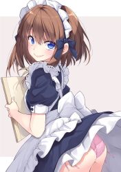 Rule 34 | 1girl, apron, ass, blue eyes, blush, brown hair, commentary request, dress, highres, ina (inadahime), looking at viewer, looking back, maid, maid apron, maid headdress, original, panties, pantyshot, pink panties, short hair, side-tie panties, simple background, smile, solo, underwear, white background, wind, wind lift