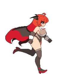 1girl ahoge animated bare_shoulders bouncing_breasts breasts demon_girl demon_wings gloves grey_gloves grey_thighhighs head_wings high_heels highleg highleg_leotard koakuma large_breasts leotard long_hair looping_animation lowres namako_daibakuhatsu necktie pixel_art red_eyes red_hair red_necktie red_shoes shoes simple_background solo thighhighs touhou very_long_hair video walk_cycle walking wings