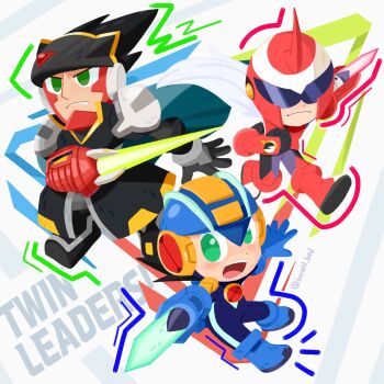 Rule 34 | 3boys, arm blade, armor, assault visor, black coat, black hair, black helmet, blue bodysuit, blue helmet, bodysuit, buysell bird, cape, chibi, chibi only, coat, colonel.exe (mega man), energy blade, energy sword, english text, green eyes, helmet, highres, long hair, male focus, mega man (series), mega man battle network (series), mega man battle network 5, megaman.exe, multiple boys, netnavi, open mouth, protoman.exe, red armor, red helmet, short hair, spiked hair, sword, twitter username, weapon, white hair